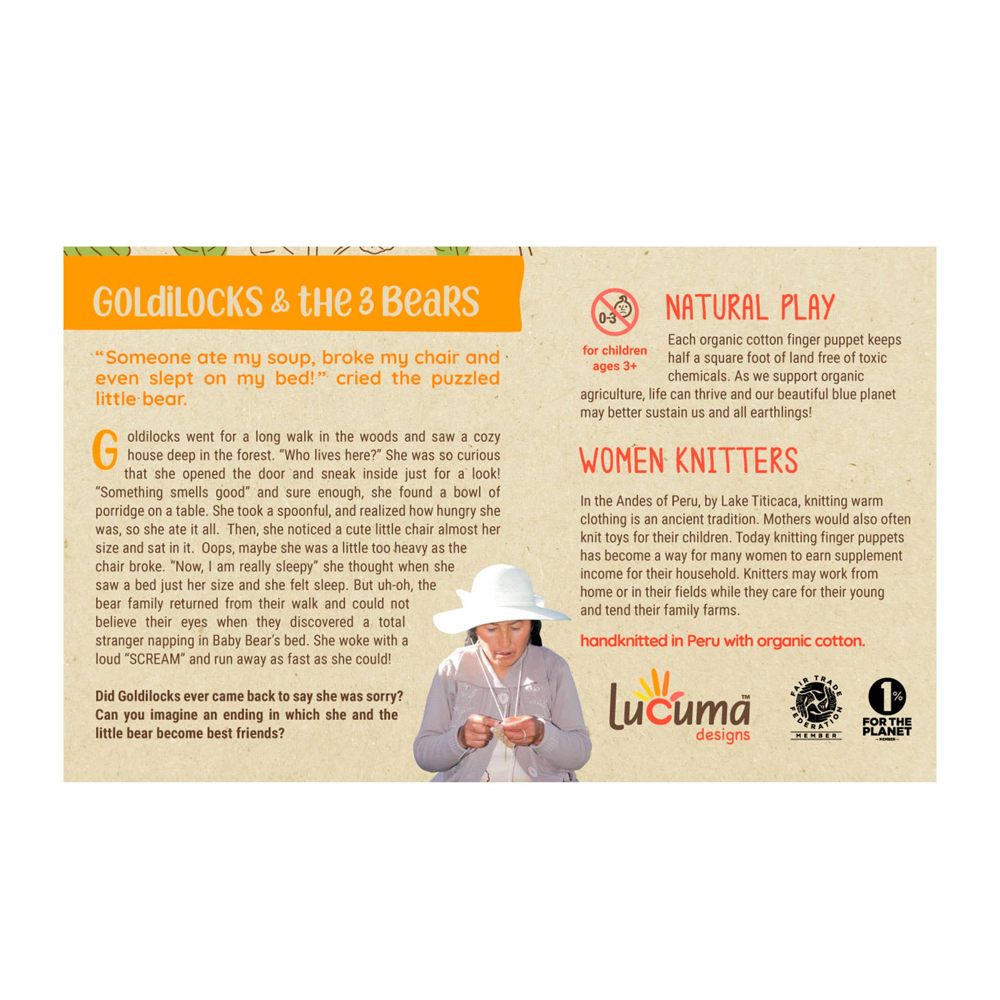 Lucuma Designs - Wholesale Finger Puppet - Kids & Baby - Goldilocks Story Pack of 4 - Organic Cotton Finger Puppets - Party Gift6