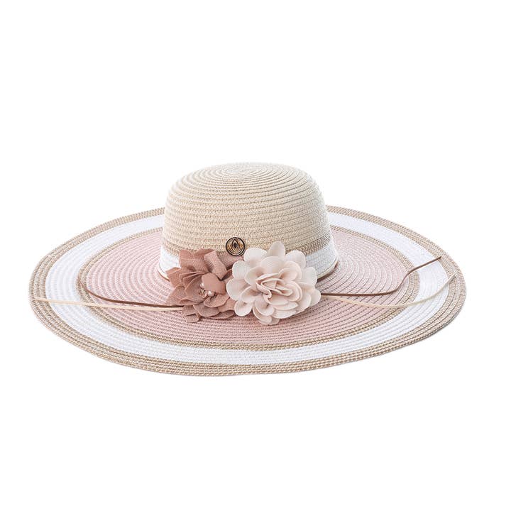 Sombrero de paja de ala ancha rosa rosado VIA FIORE con detalles florales para venta al por mayor de VIA FIORE