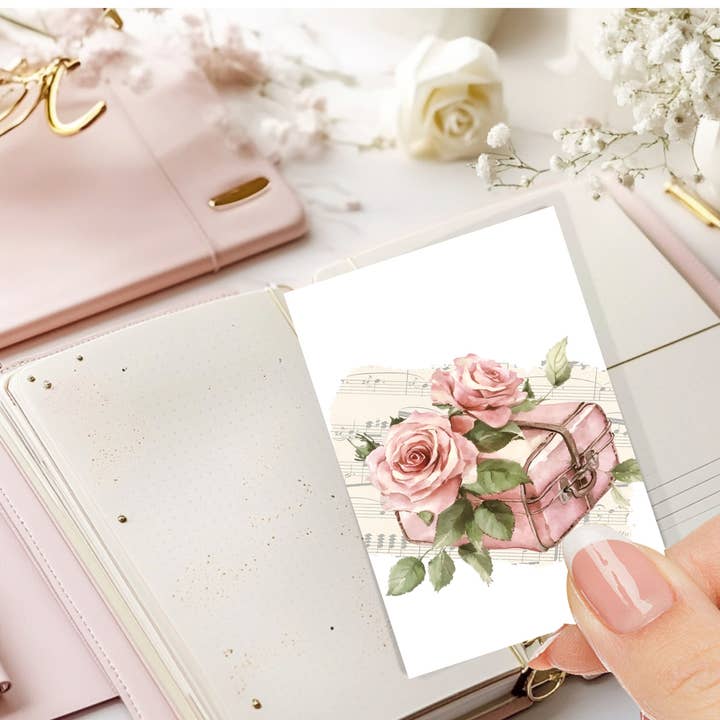 SUIT CASE WITH ROSES | JOURNAL CARD for wholesale by Paperlane Planners Co