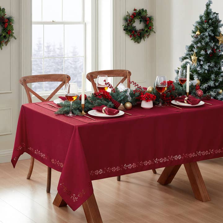 Poinsettia Noel Laser Cut Holiday/Christmas Tablecloth for wholesale by Threadmade Home