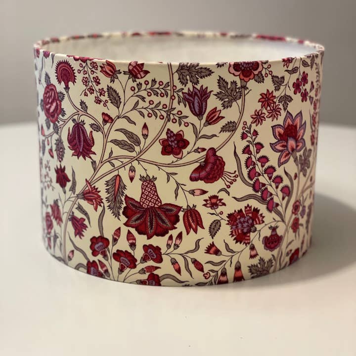 Olive and Limpet - Wholesale Lamp Shade - 10 inch Drum Lampshade. French Jacquard. "Les Indiennes" Shades of Rose on Ecru.