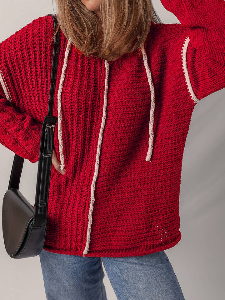 Racing Red Color Contrast Trim Textured Knit Drawstring Hooded Sweater for wholesale on Faire2