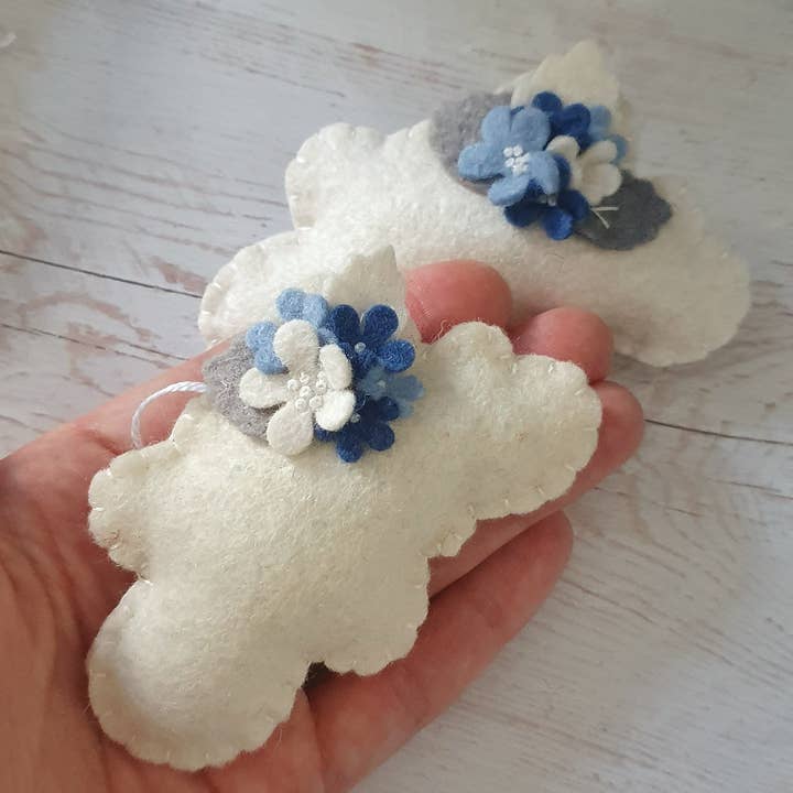Cloud ornament with blue flowers - felt ornaments for wholesale by Grab a Coffee
