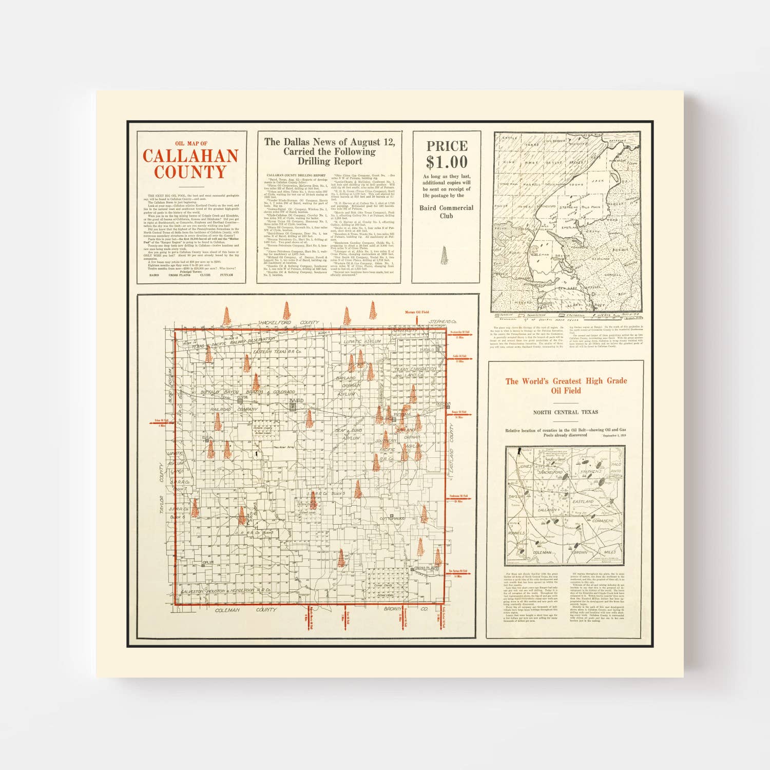 Ted's Vintage Art - Wholesale Map - Vintage Map of Callahan County, Texas 19192