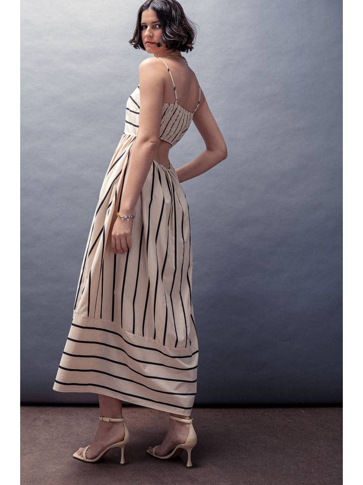 CREAM Nautical Stripe Square Neck Smocked Back Cotton Maxi Dress for wholesale on Faire