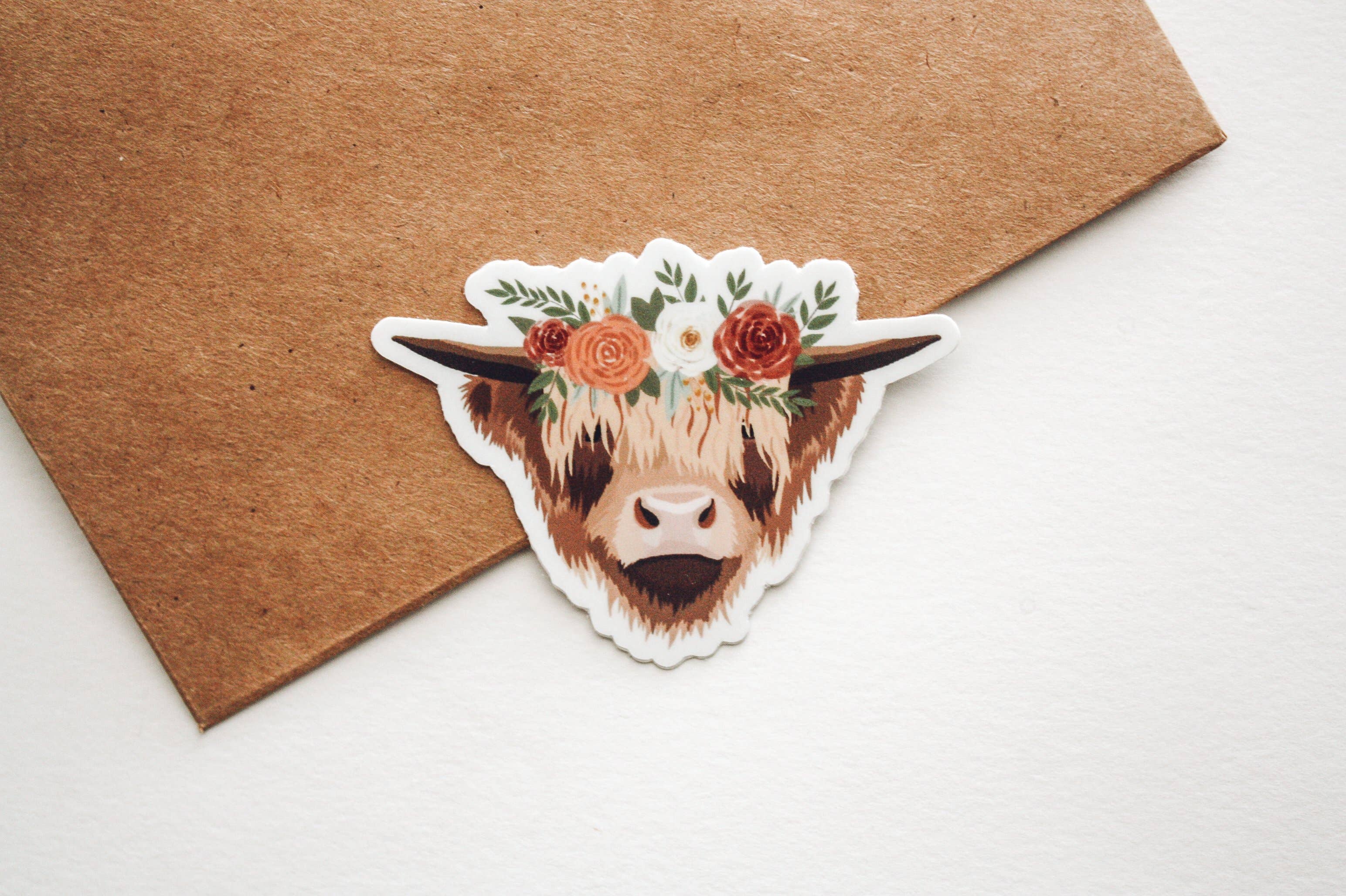 Jess' Paper Co. - Vente Autocollant - Autocollant vache des Highlands en couronne florale2