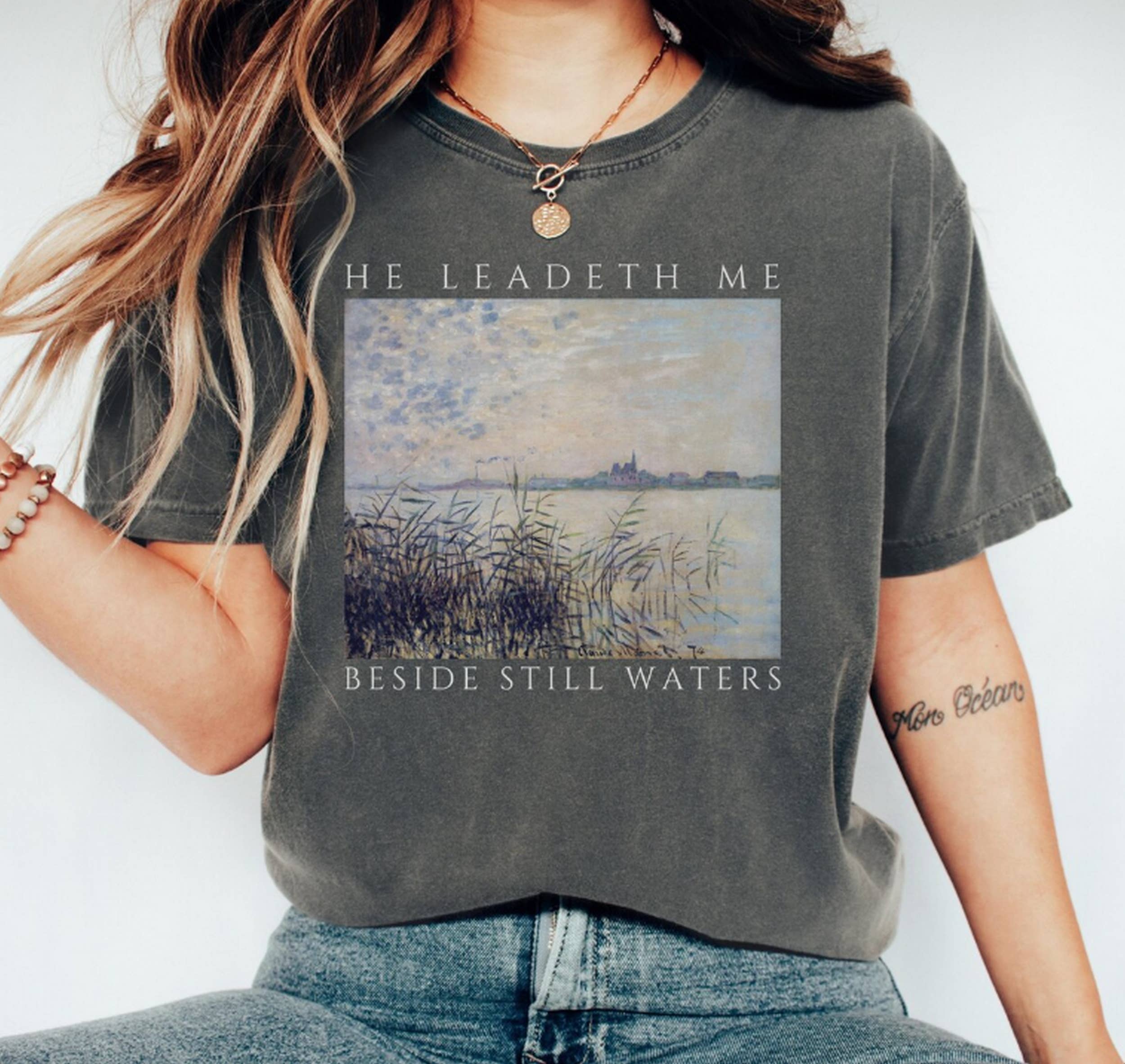 Black Bible Verse T-Shirt for Her, Monet Painting Psalm 23 Still W for wholesale on Faire