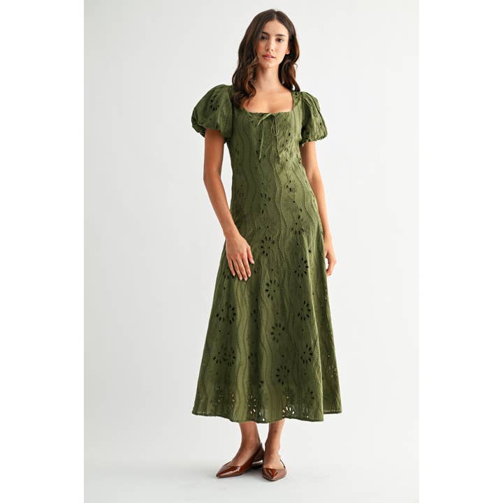 OLIVE GREEN EMBROIDERED PUFF SLEEVE MIDI DRESS for wholesale by Camellia