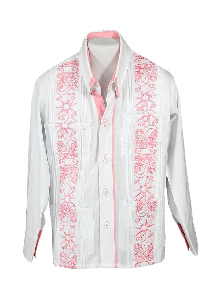 Kinder Weiß mit Rosa Sternen & Rosa Akzenten Guayabera für den Großhandel von Y.A.Bera Clothing Modern Guayaberas