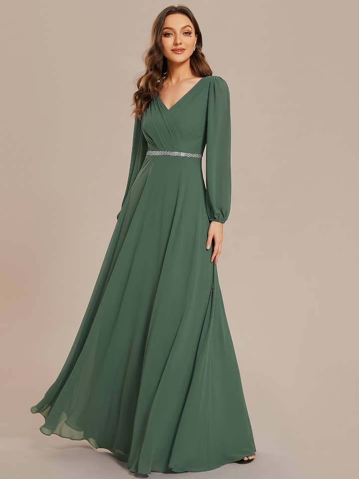 Ever-Pretty - Wholesale Gown - Women's - Elegant waisted chiffon V-neck Long Sleeve guest Dress44