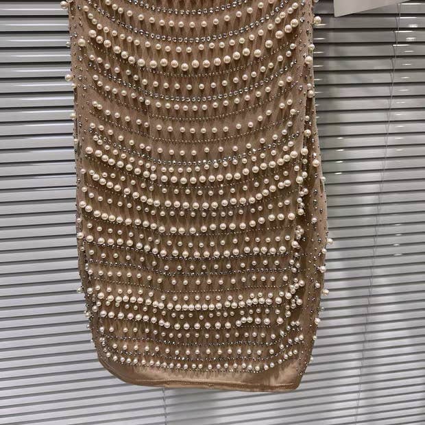 Khaki DR899 Winter Plush Cape and Pearl-Trim Bodycon Dress Set for wholesale on Faire6