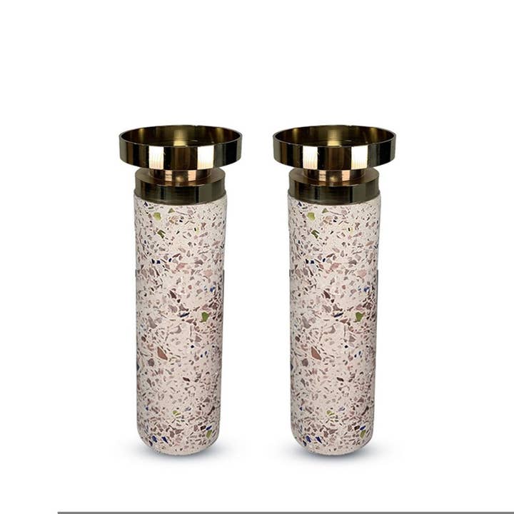Aria Home – Engroshandel Lyseholder – Sæt med 2 guld cylinder lysestager - Moderne dekorative lysestager med splatter finish til middag