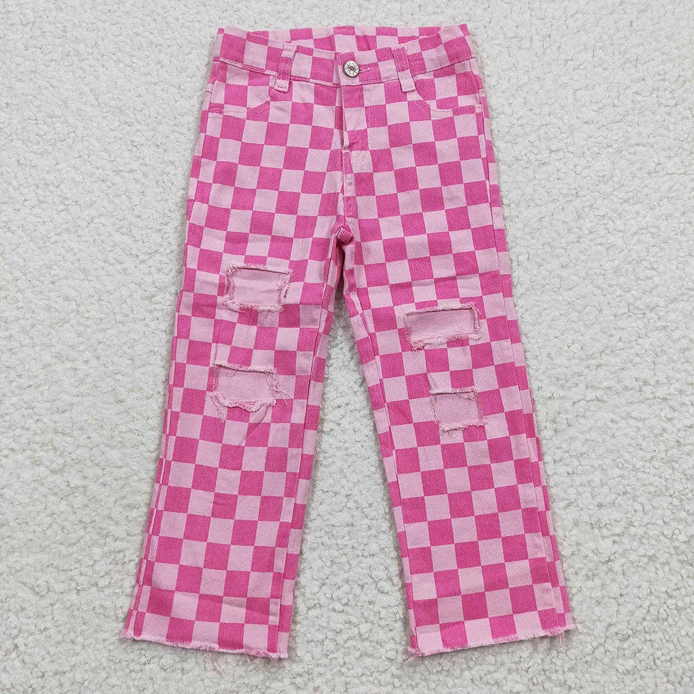 Aier Wholesale - Vente Jean – enfant - Pantalon cool en jean à carreaux roses pour petites filles2