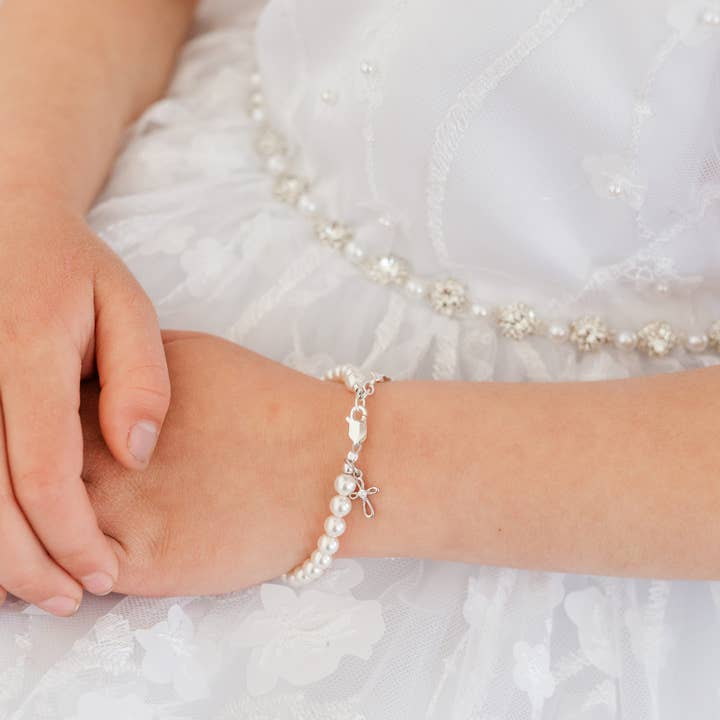 Cherished Moments - Wholesale Beaded Bracelet - Kids - Girls Silver Pearl Baby Baptism Bracelet, 1st Communion Gift