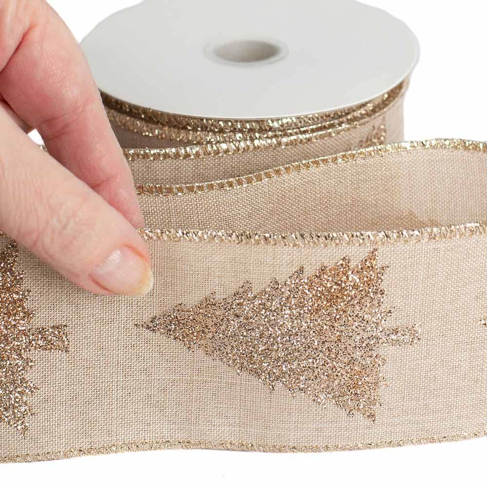2-1/2" Gold Glittered Christmas Tree Wired Ribbon10yd Spool  for wholesale on Faire1