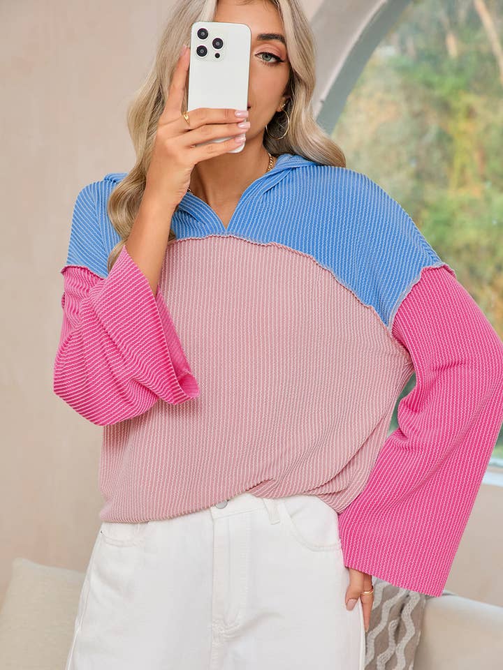 Lyserød farveblok patchwork ribbet løs pasform hættetrøje for engroshandel hos EG fashion