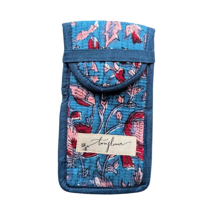 Blue & Red Floral Block Print Quilted Glasses Case for wholesale by Twinflower