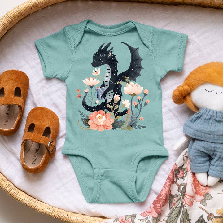 Floral Dragon Reading a Book Baby Onesie© for wholesale by Keen Bee Studio