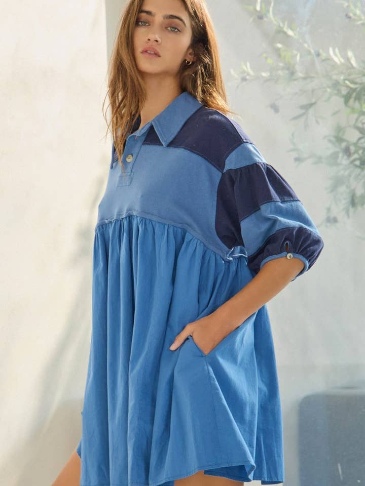Denim blue ID4301 Billowy Shapeless Silhouette Rugby Mini Dress for wholesale on Faire