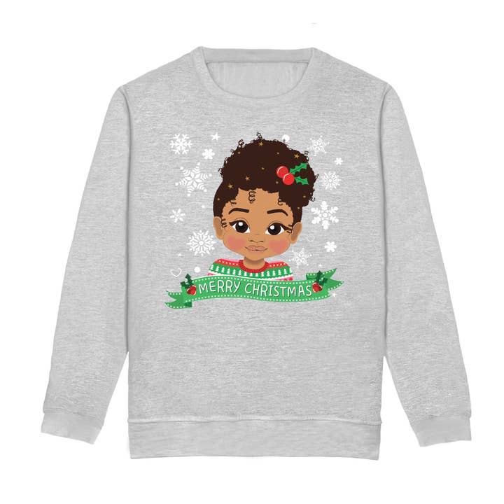 Mixed Race Girl Afro Puff Christmas Sweatshirt – Holiday Jumper | Fefus Designs for wholesale by Fefus Designs