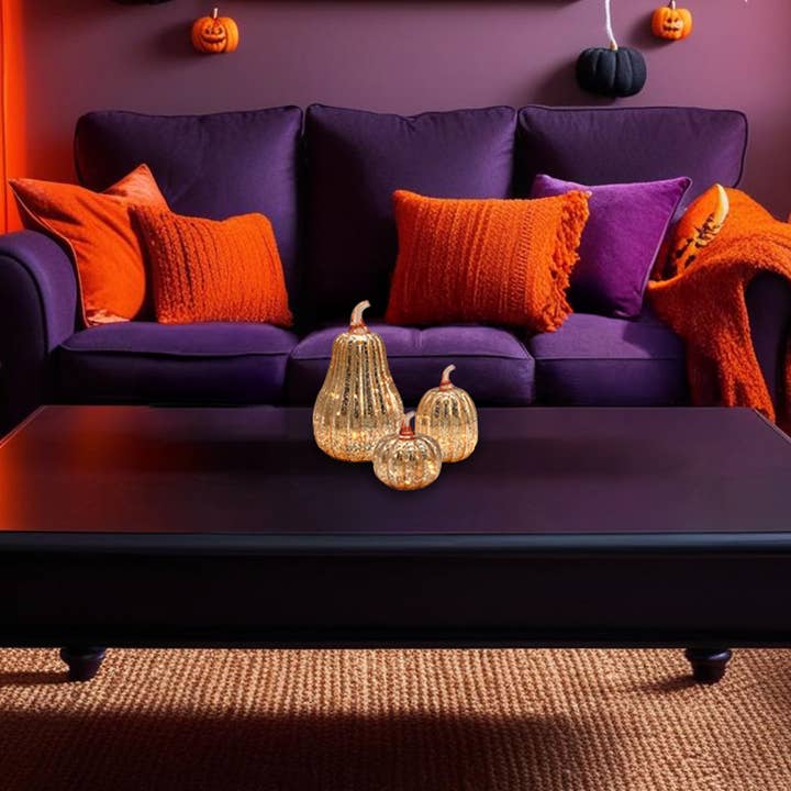 LumaBase - Vente Décorations de table - Citrouilles en verre mercurisé doré à piles - Ensemble de 34