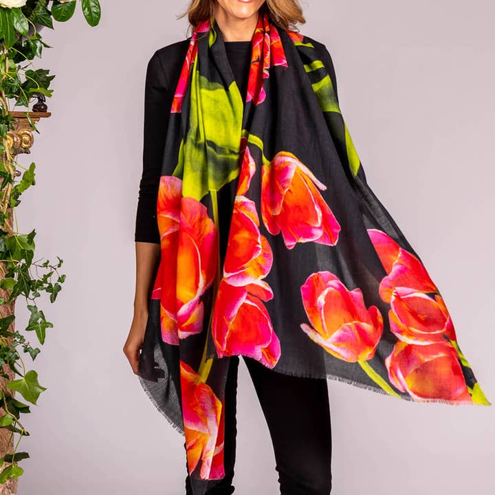 The Floral Trilogy - Red Tulip Cashmere and Silk Wrap for wholesale by Black