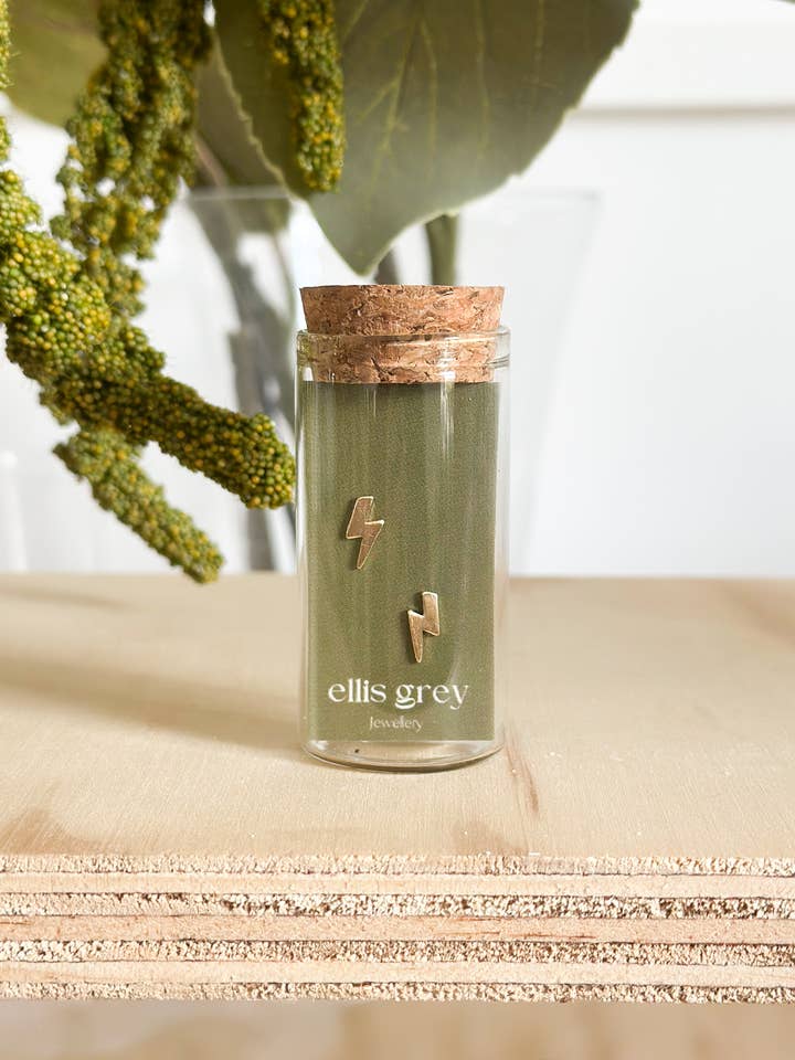 Glass Vial - 18k Gold Lightning Stud Earrings for wholesale by Ellis Grey Jewellery