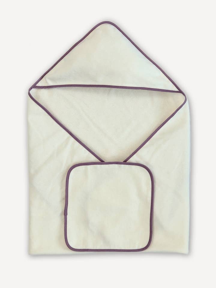 Lavender Piped Hooded Bath Towel & Washcloth Set for wholesale by Timo & Violet