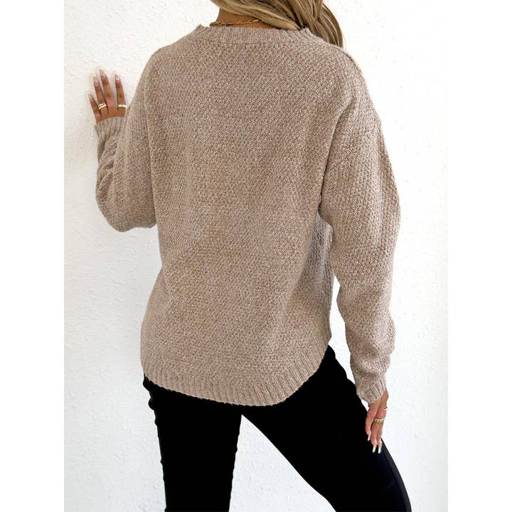 UNISHE – Großhandel Strickpullover – Damen – Lässiger Pullover mit Knopf, Häkelblumen-Dekor OYM2453