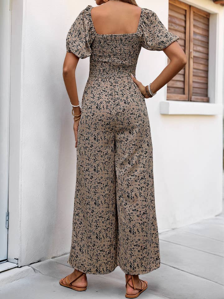 Black Square Neck Puff Sleeve Wide-Leg Printed Jumpsuit for wholesale on Faire4