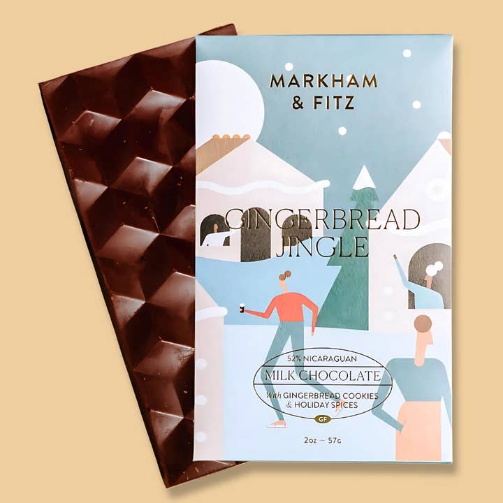 Gingerbread Jingle Dark Milk Chocolate Bar for wholesale by Markham & Fitz Chocolate