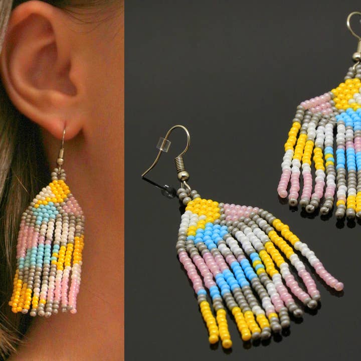 Abstrakt Beaded Øreringe, gul frø perle Fringe kvast for engroshandel hos SomeBijoux4You