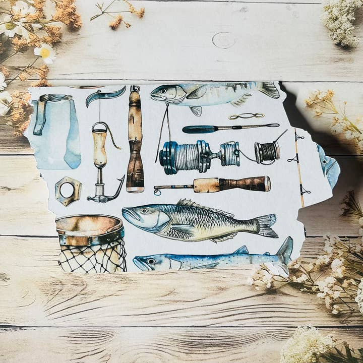 Iowa with vintage fishing gear greeting card - single for wholesale by Iowa Paper Farm
