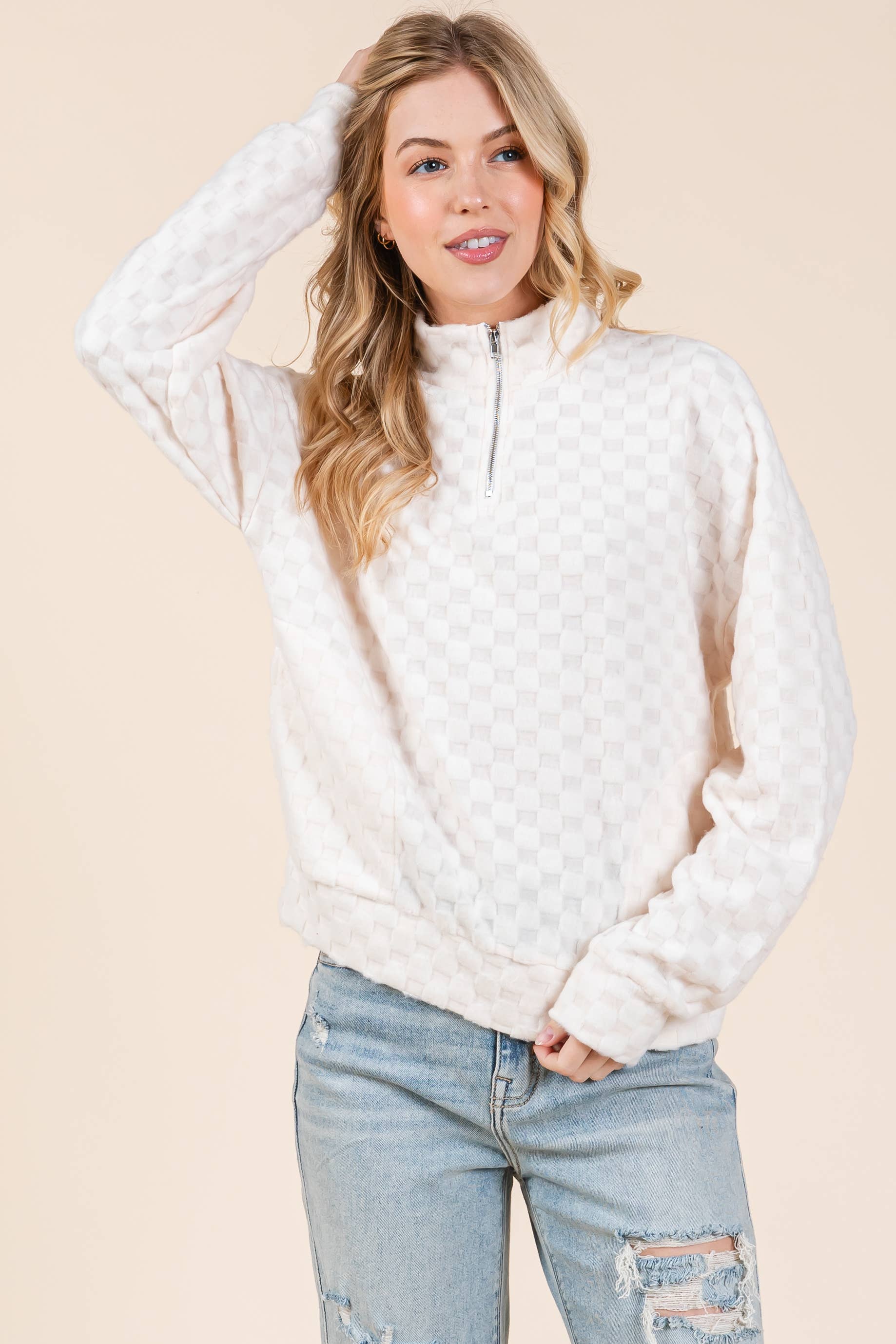 BOMBOM - Wholesale Sweatshirt - Women's - TL1997 FUZZY CHECKERED 1/4 ZIP TOP 2