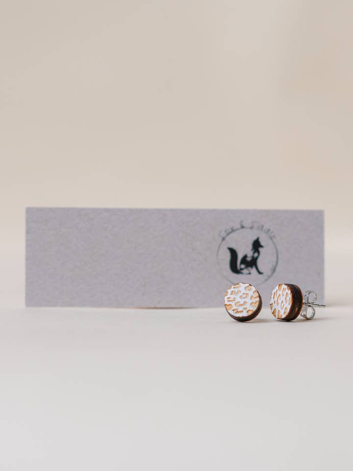 Birch Wood Stud Earrings - Cheetah for wholesale by Fox and Fiddle Designs