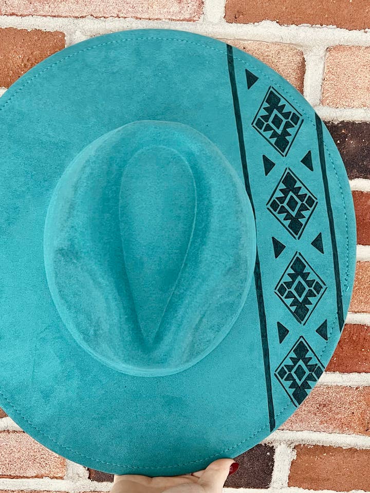 Hand Burned Custom Wide Brim- Teal Aztec Western Design for wholesale by Kissin’ Kate Customs