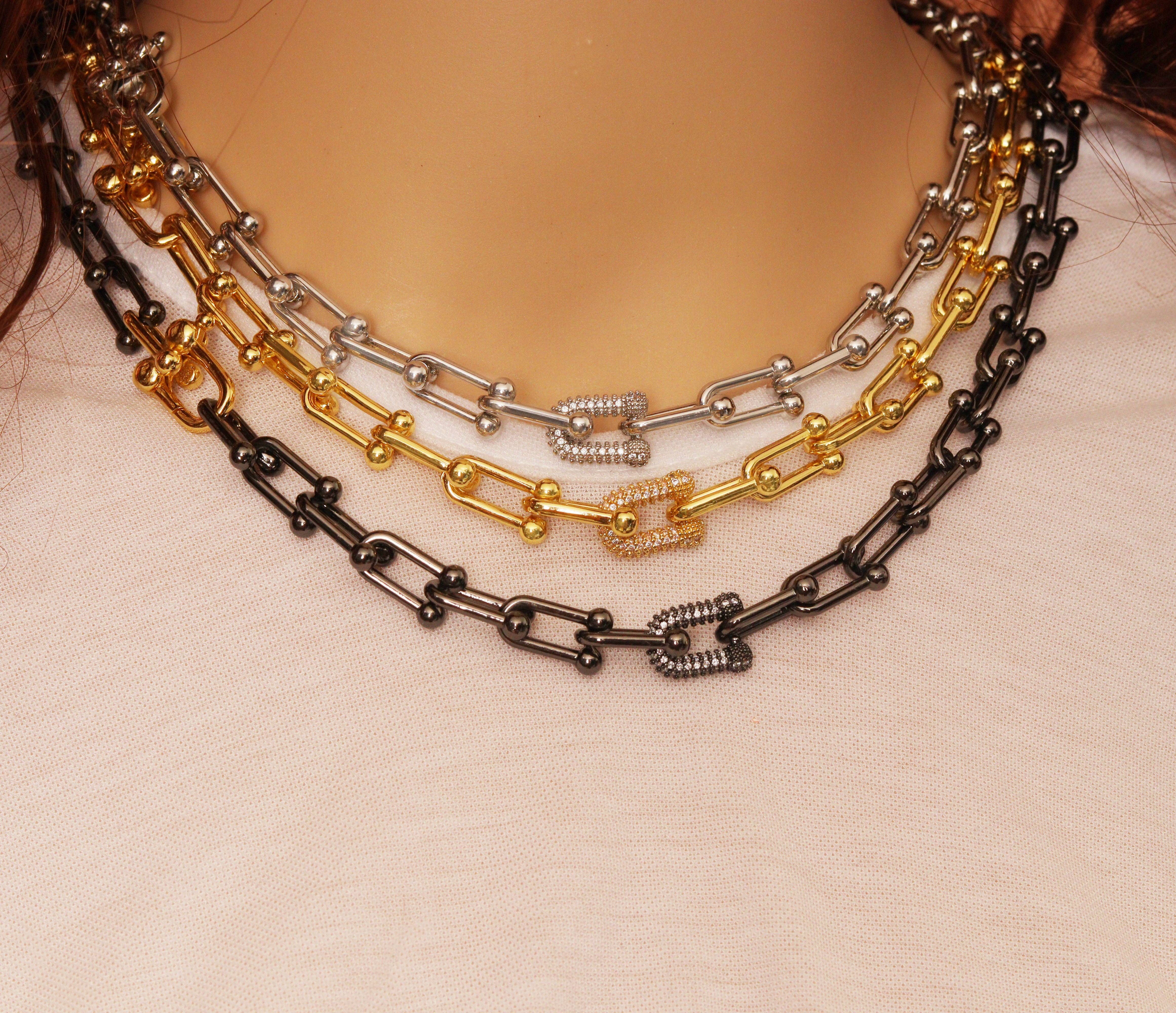 BestBeads&Beyond - Wholesale Link & Chain Necklace - U Shape Chain Necklace with CZ Link focal, Sku#EF1834