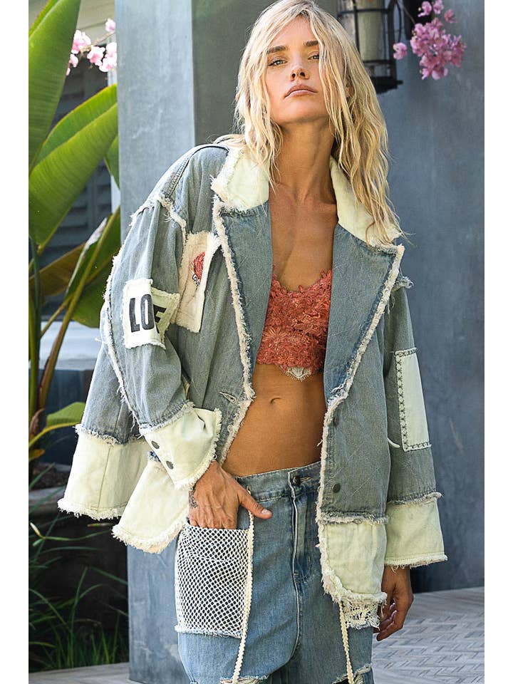 Pol Clothing - Wholesale Jacket – Women's - Colorblocked twill patch studded back heart jacket