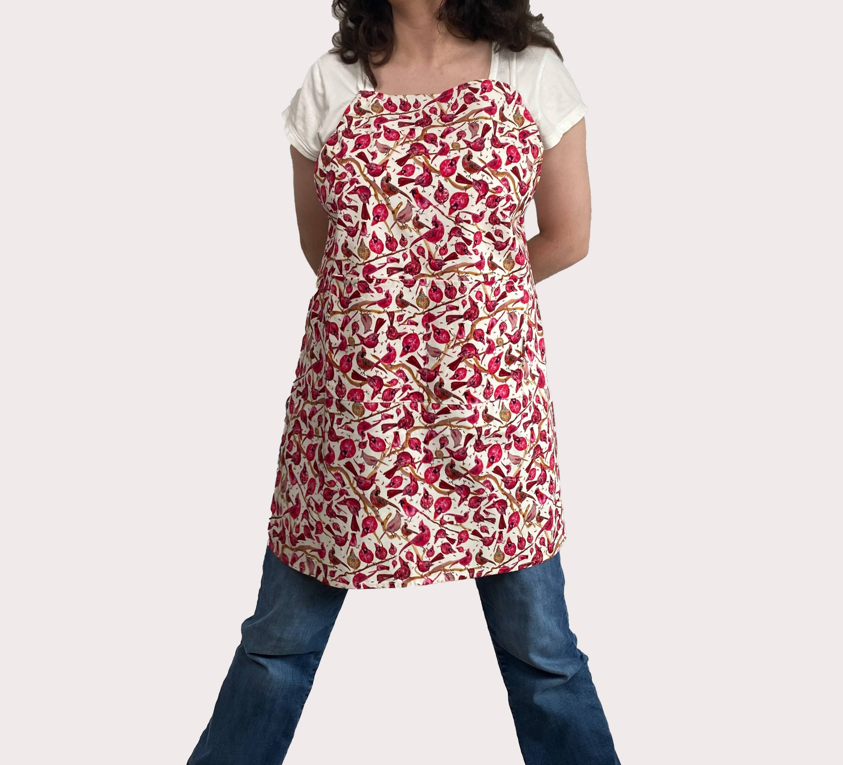 Cher the Fire - Wholesale Apron - Cotton Apron, Ivory Cardinal watercolor Holiday/Everyday1