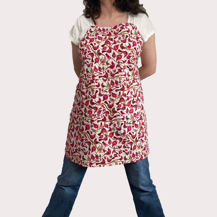 Cher the Fire - Wholesale Apron - Cotton Apron, Ivory Cardinal watercolor Holiday/Everyday1