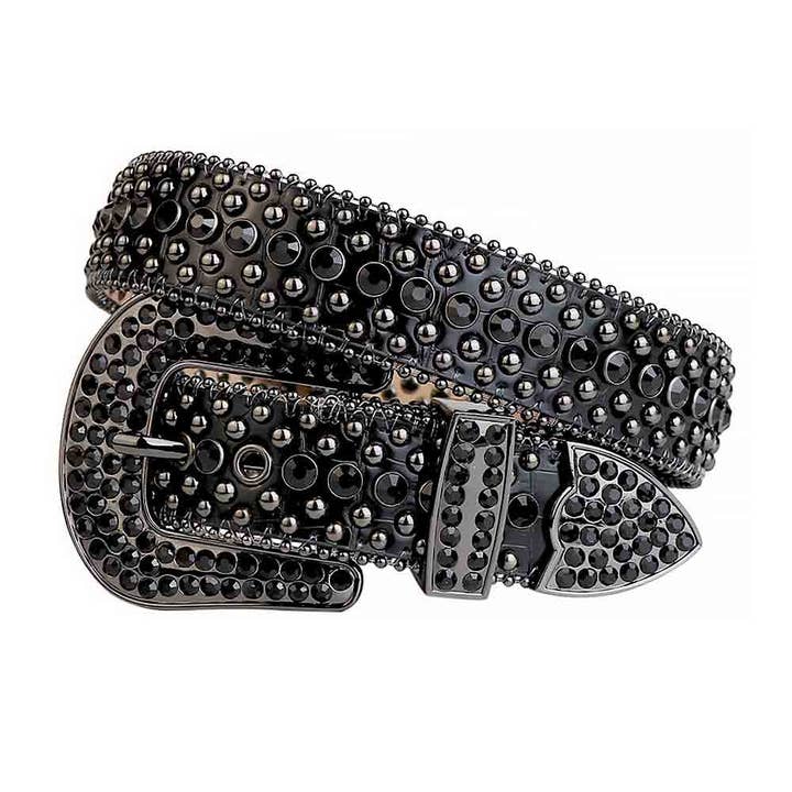 Rhinestone Studded Black Leather Belt with Black Stones for wholesale by Rhinestone Belt Store