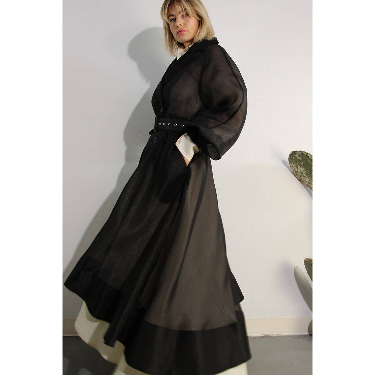 BLACK METALLIC ORGANZA TRENCH COAT for wholesale on Faire27