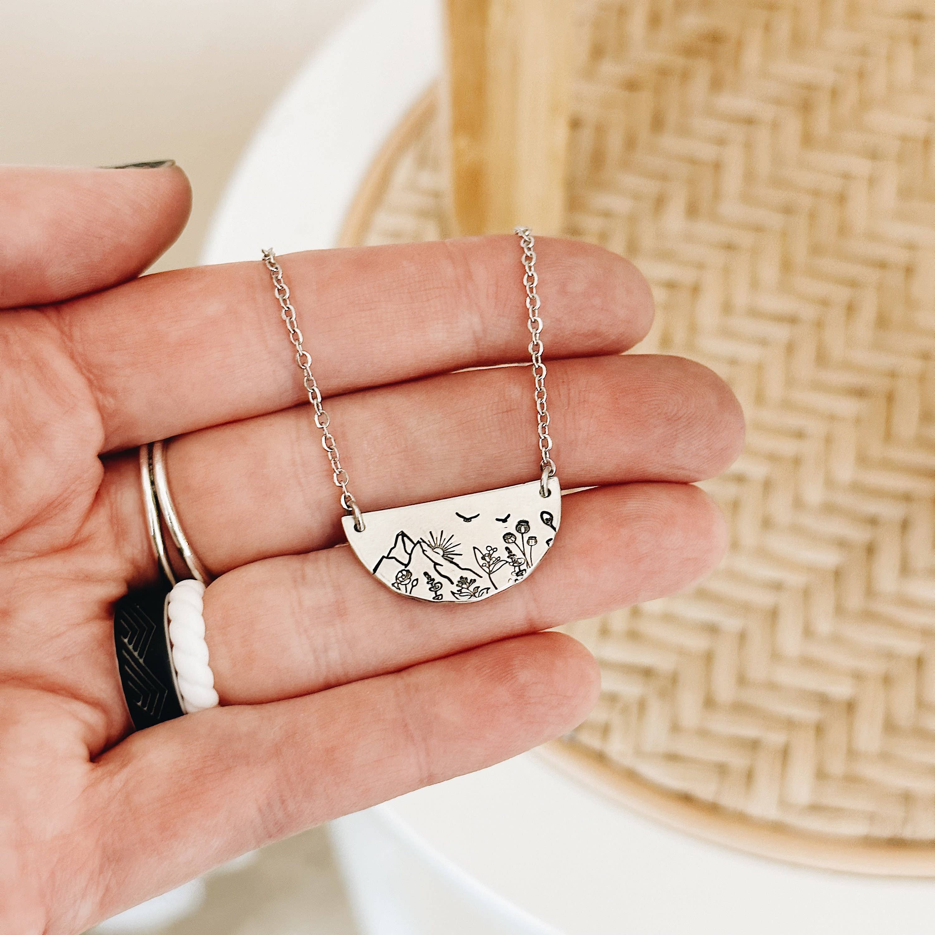 JOY IN THE MORNING - Wholesale Pendant/Charm Necklace - Sunrise Mountain Botanical Semi-Circle Necklace1