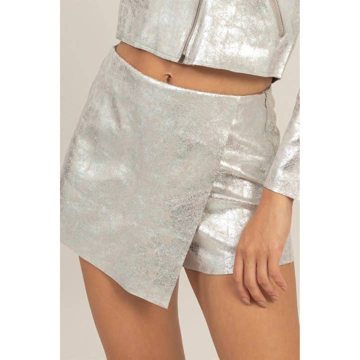 SILVER Creased Foil Suede Wrap Mini Skirt for wholesale on Faire