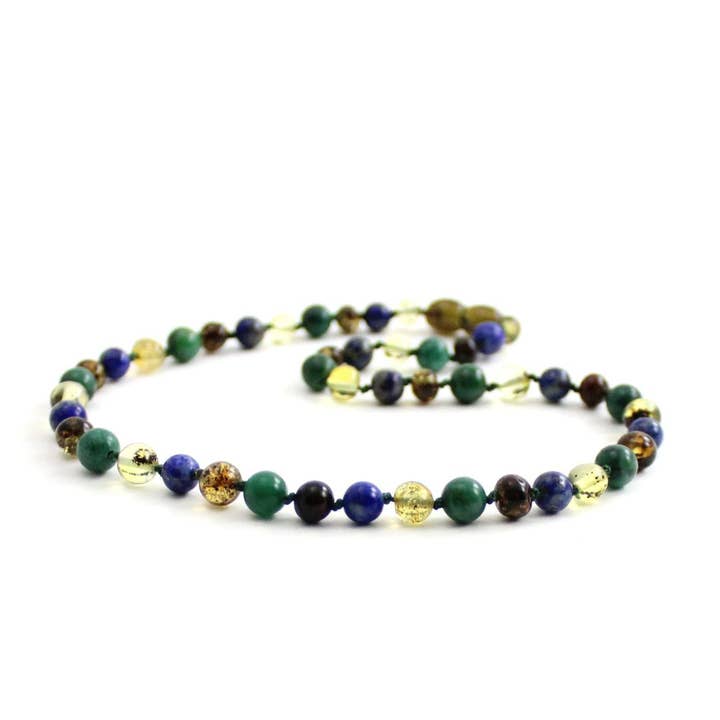 Collier Ambre Vert Poli, Lapis Lazuli & Jade Africain | Bébé 32cm pour la vente par Zebra Babies