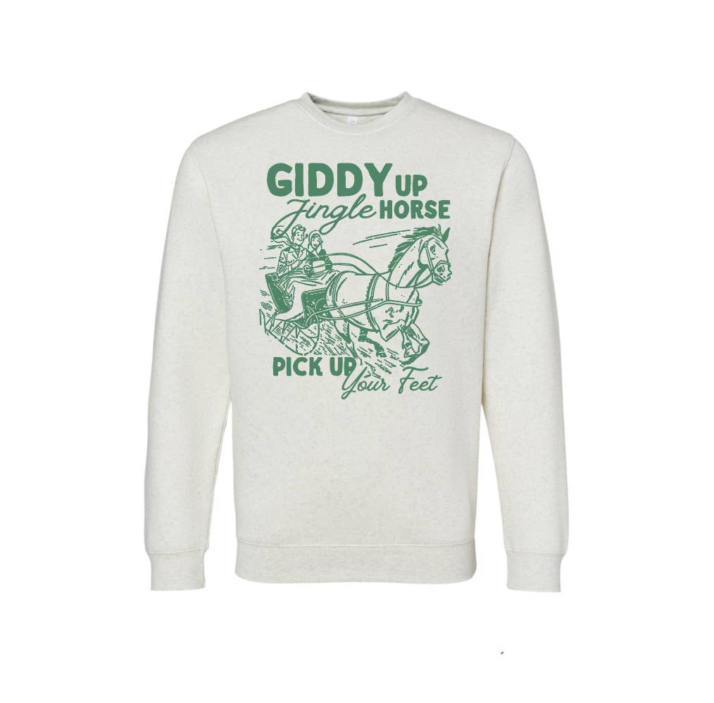 Heather Natural Vintage Green Giddy Up Jingle Horse Christmas Sweatshirt for wholesale on Faire