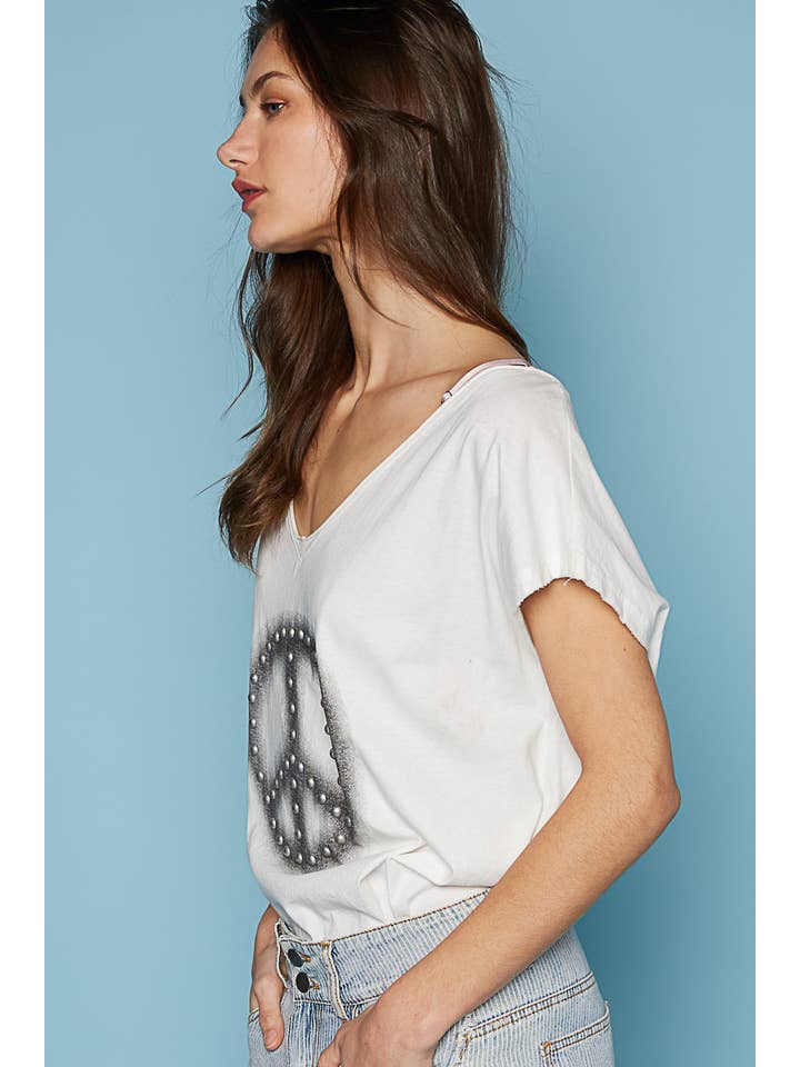 Pol Clothing - Wholesale T-Shirt - Women's - Dropped short sleeve studded peace emblem tee SALE