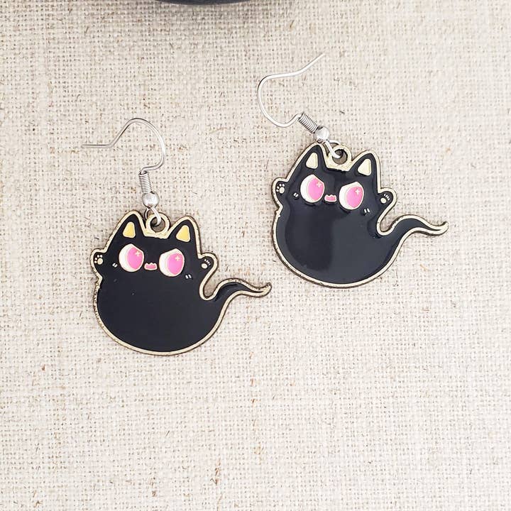 Halloween Cat Ghost Enamel & Stainless Earrings for wholesale by Covaly Artisan Jewelry