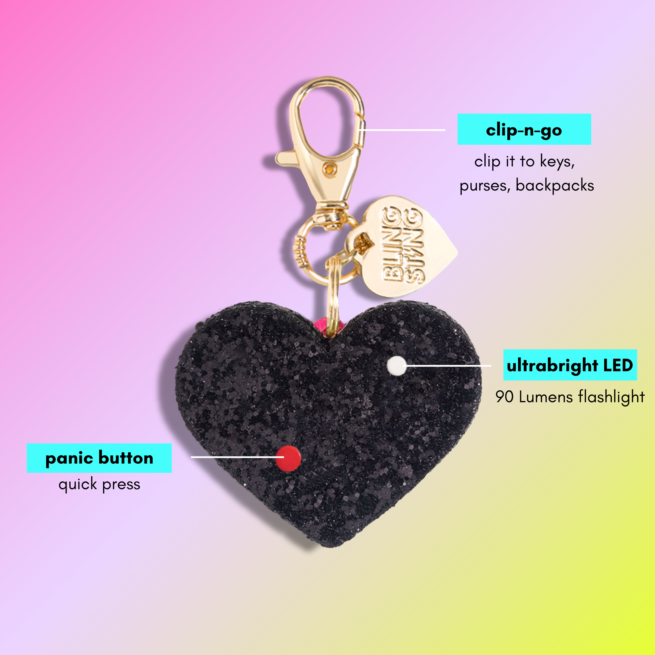 BLINGSTING - Wholesale Safety Alarm/Gear - Safety Alarm | Black Glitter Heart1