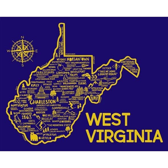 West Virginia Kort Print Blå for engroshandel hos Whereabouts Shop